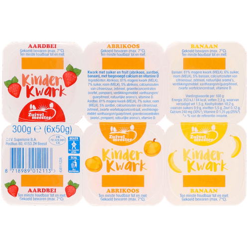 Zuivelmeester Kinderkwark aardbei-abrikoos-banaan 6 stuks