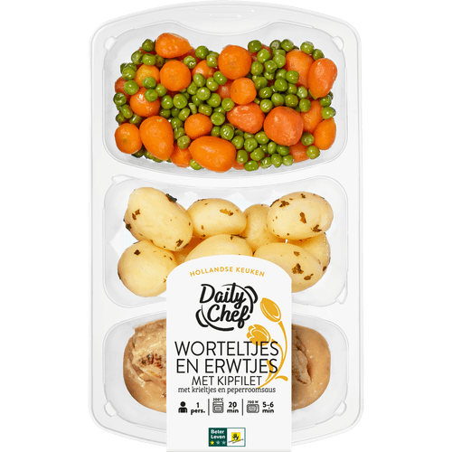 Daily Chef Worteltjes en erwtjes met kipfilet krieltjes en peperroomsaus