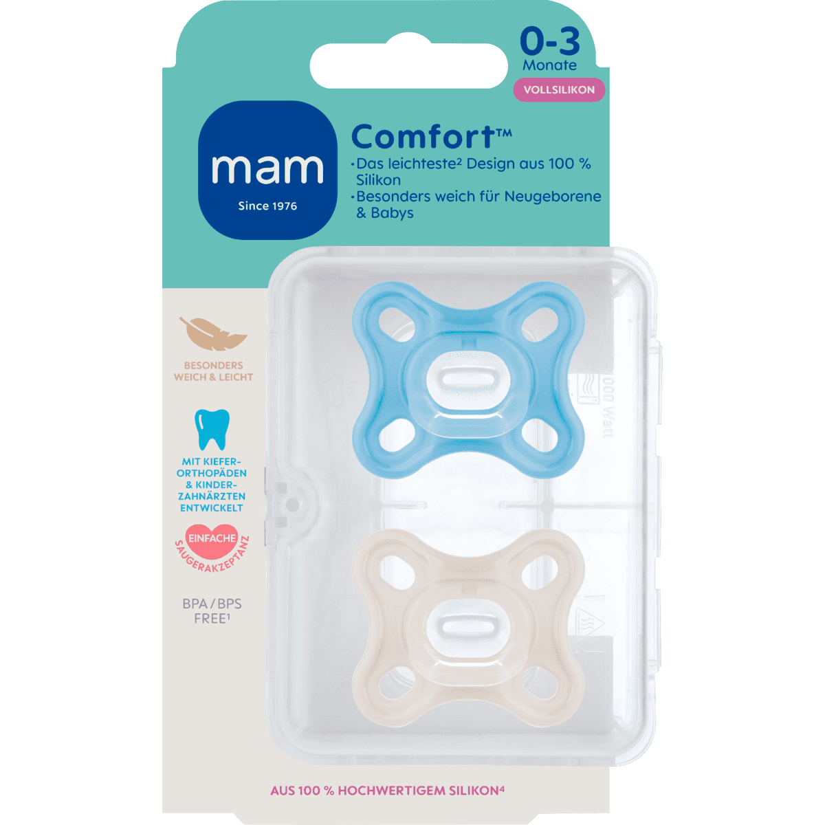 MAM Comfort Fopspeen 0-3 Maanden Blauw 2 stuks