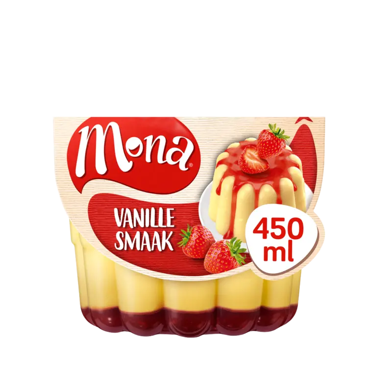 Mona Vanillepudding met aardbeiensaus