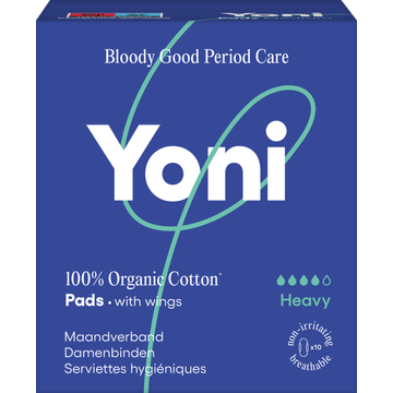 Yoni Maandverband Heavy 100% Biologisch Katoen met Vleugels 10 Stuks