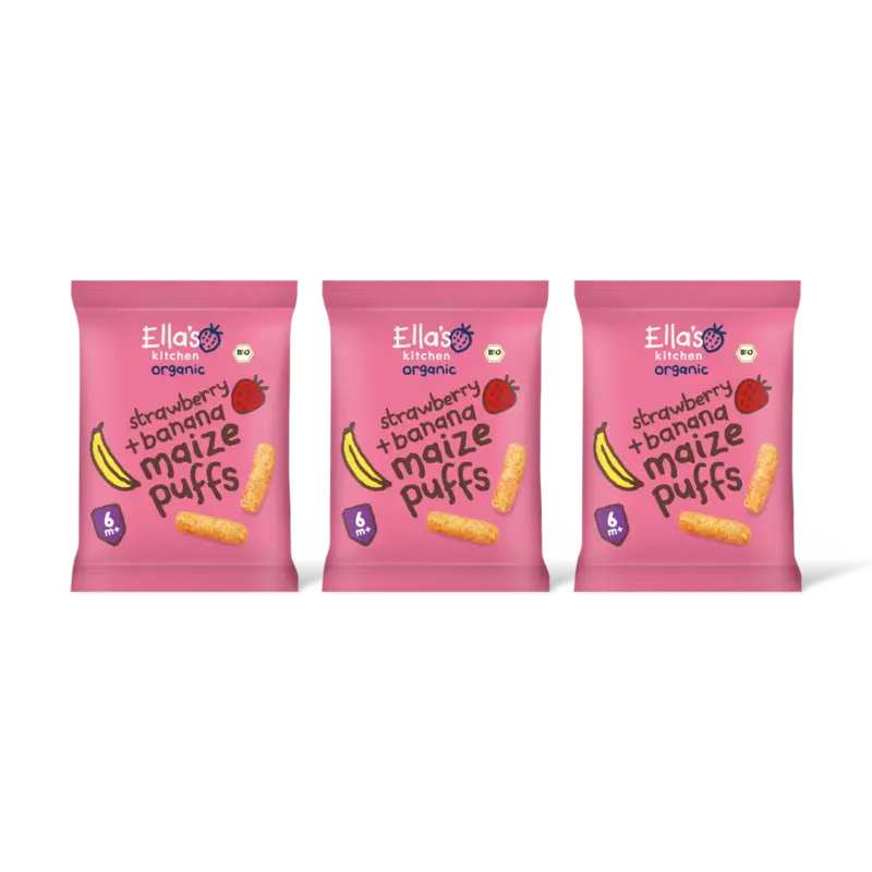 Ella's kitchen Maize puffs aardbei + banaan 6m+ bi 3-pk