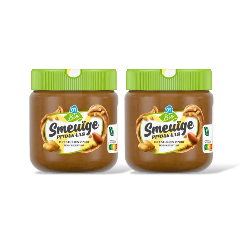 AH Biologisch Smeuige pindakaas met stukjes pinda 2 pk