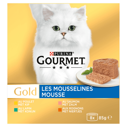 Gourmet Gold fijne mousse kip-zalm-niertjes-konijn 8 stuks