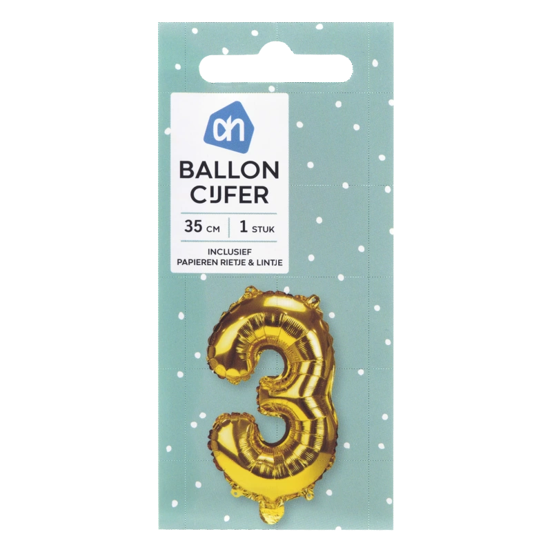 AH Folieballon nummer 3 goud 36cm