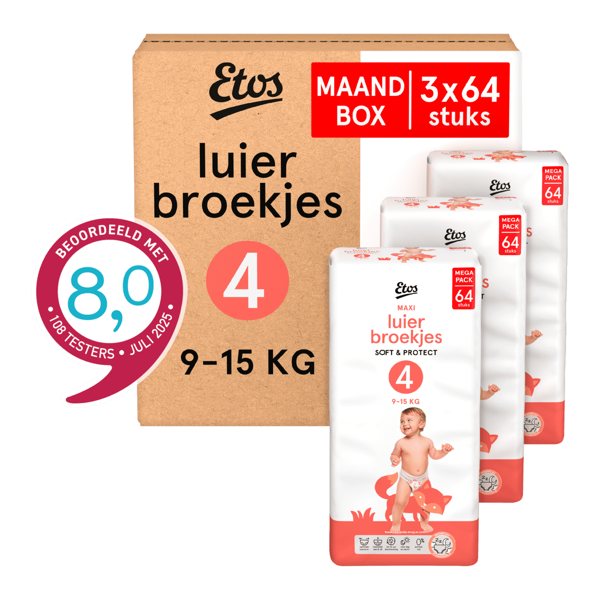 Etos Luierbroekjes Maxi Maat 4 9-15 kg Maandbox 192 stuks