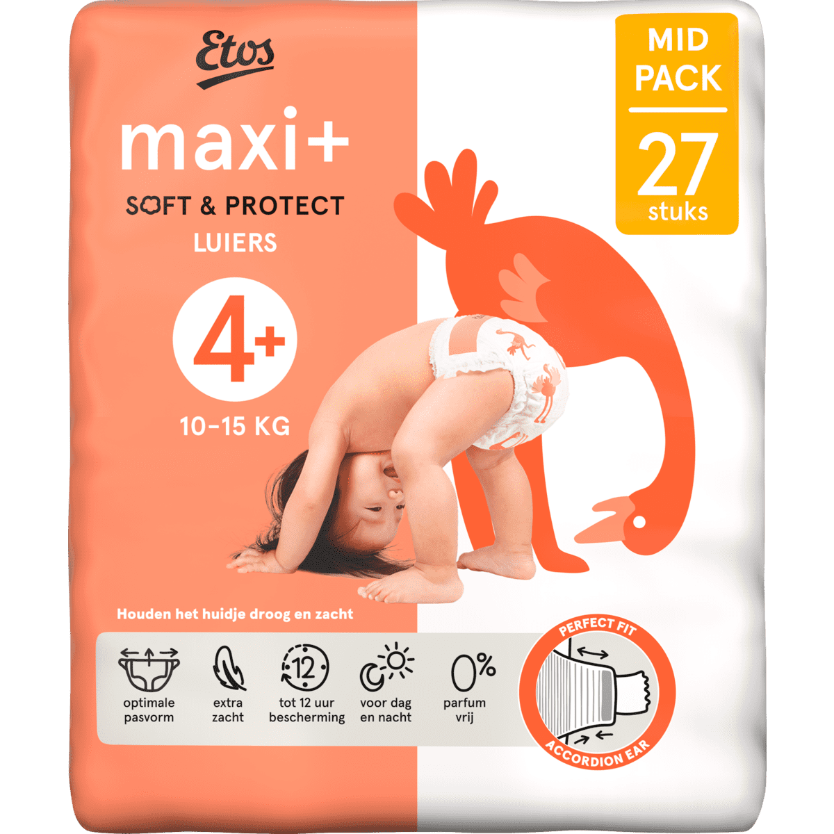 Etos Luiers Maxi+ Maat 4+ 10-15 kg Mid Pack 27 stuks
