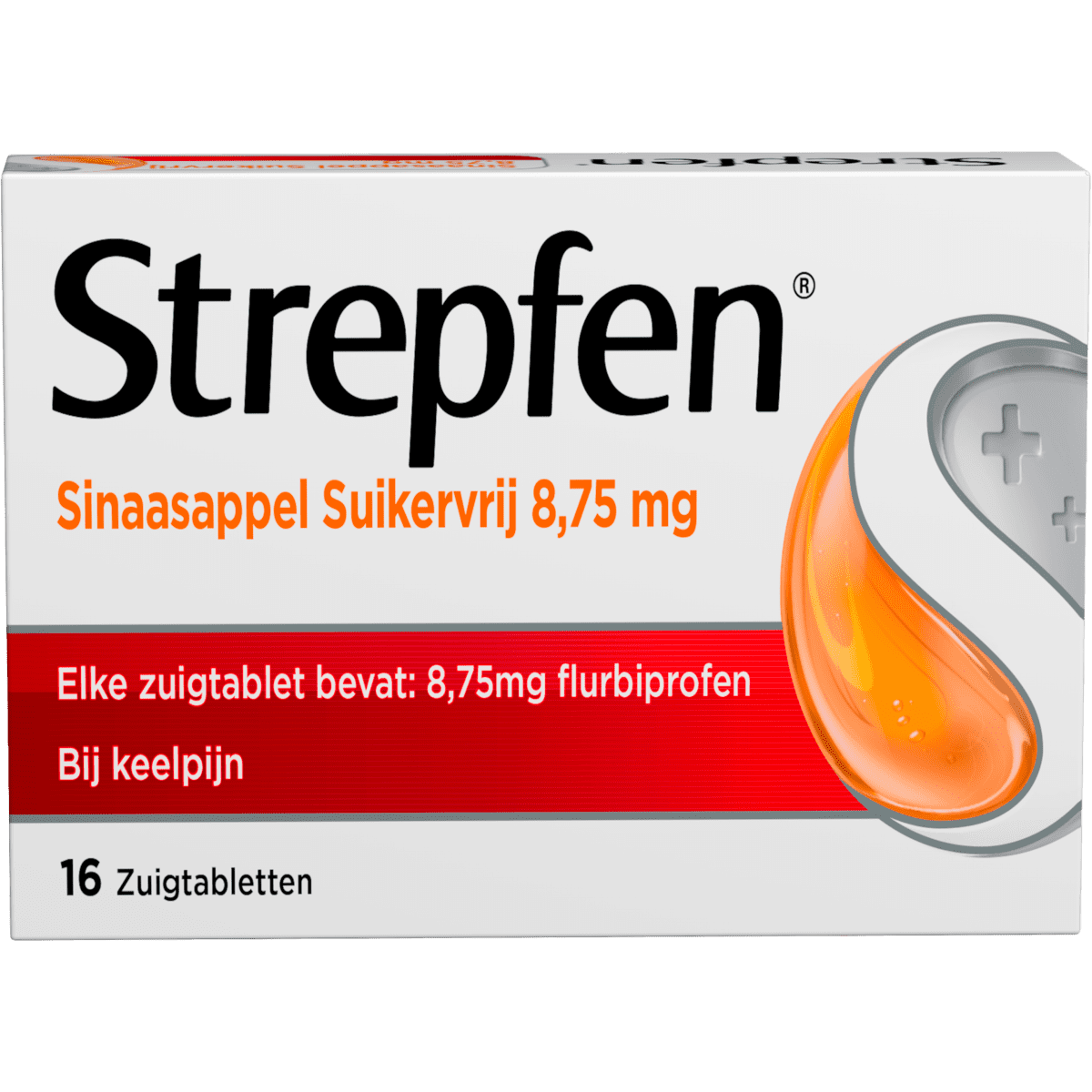 Strepfen Sinaasappel Suikervrij 8,75 MG Zuigtabletten 16 Stuks