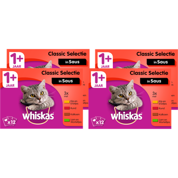 Whiskas 1+ Natvoer - Classic - Selectie in saus - maaltijdzakjes 4 x 12 x 85 g