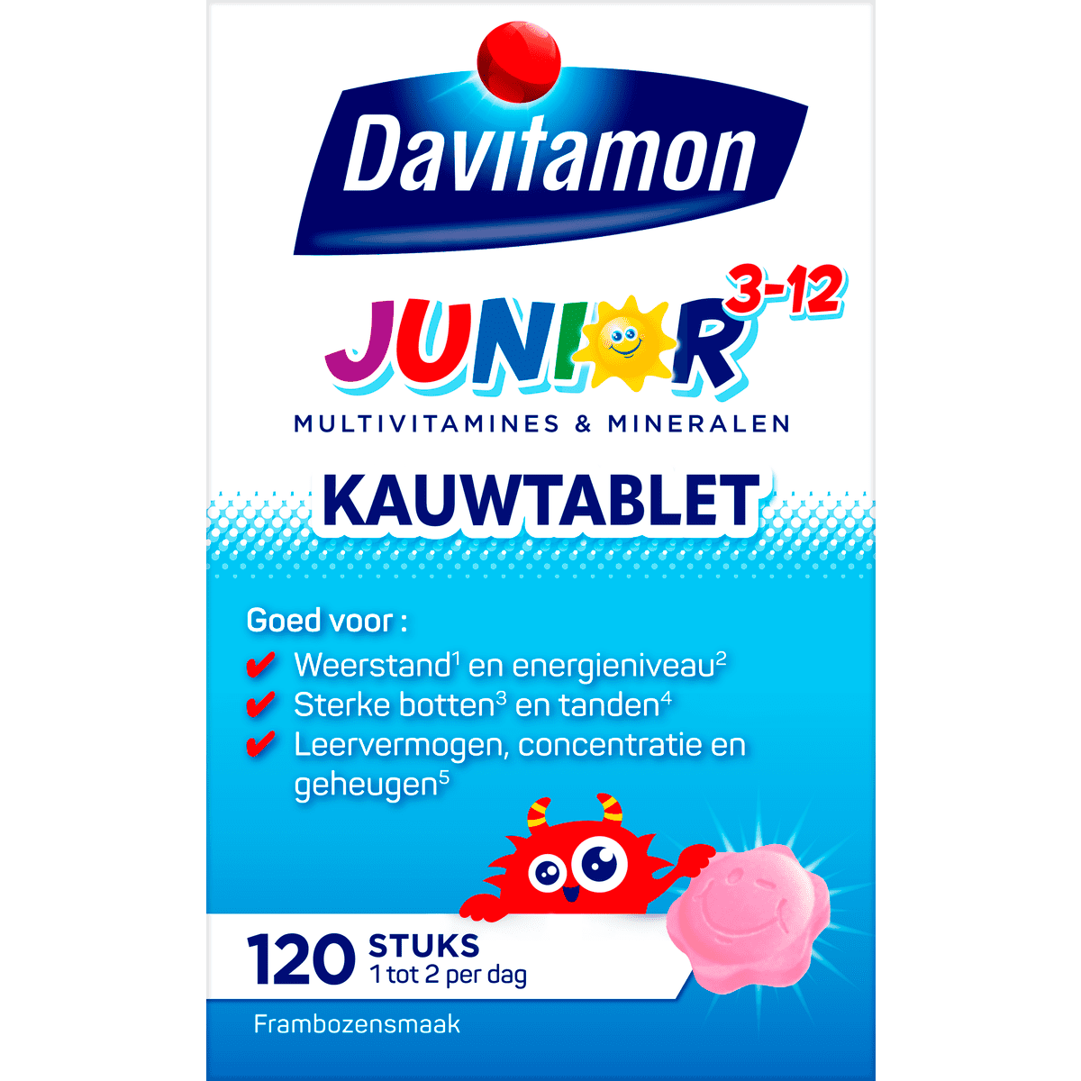 Davitamon Junior 3+ Kauwvitamines Kinderen Framboos 120 stuks