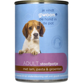 g'woon hondenvoer stoofpotje met lam, pasta en groenten
