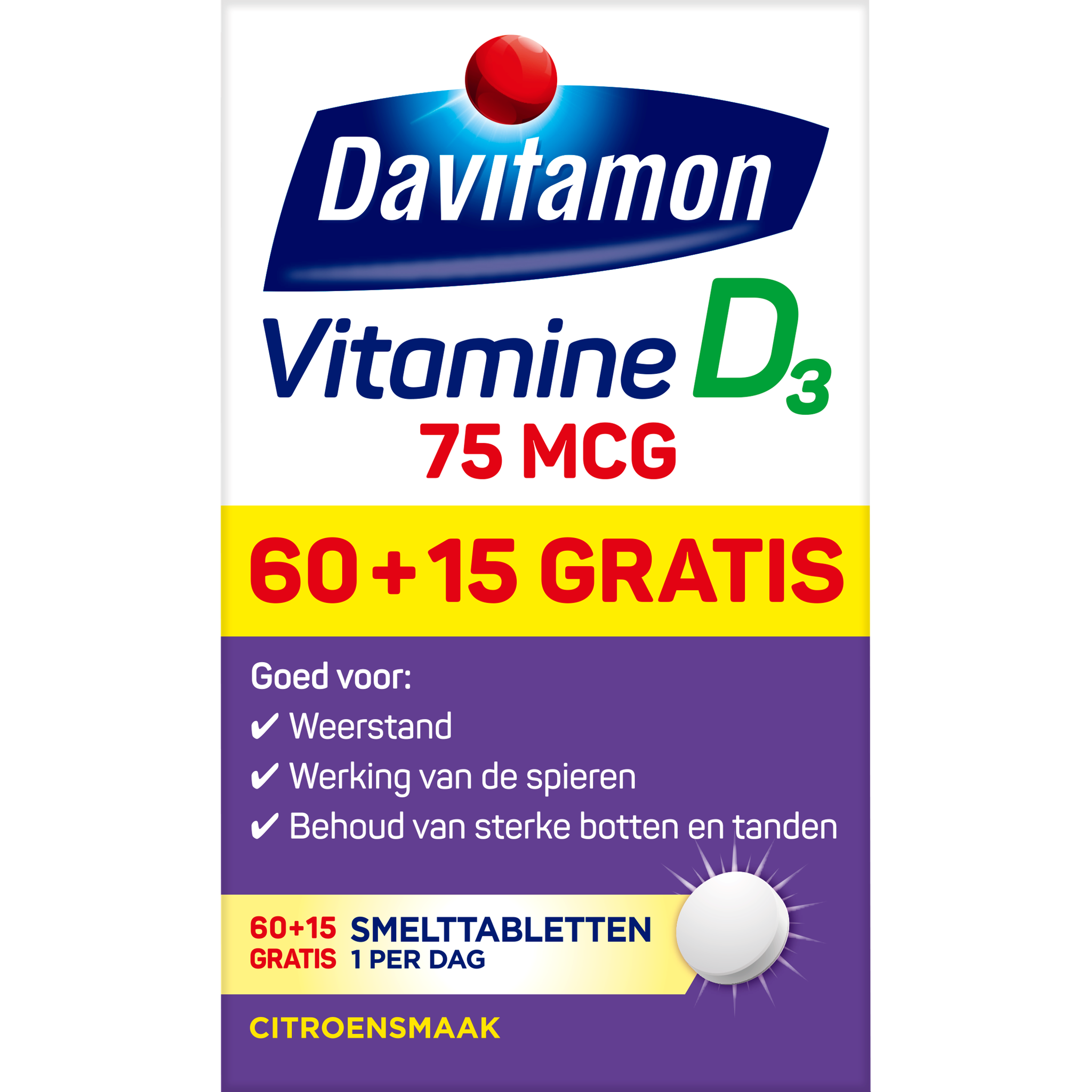 Davitamon Vitamine D3 75 MCG Smelttabletten 60+15 stuks
