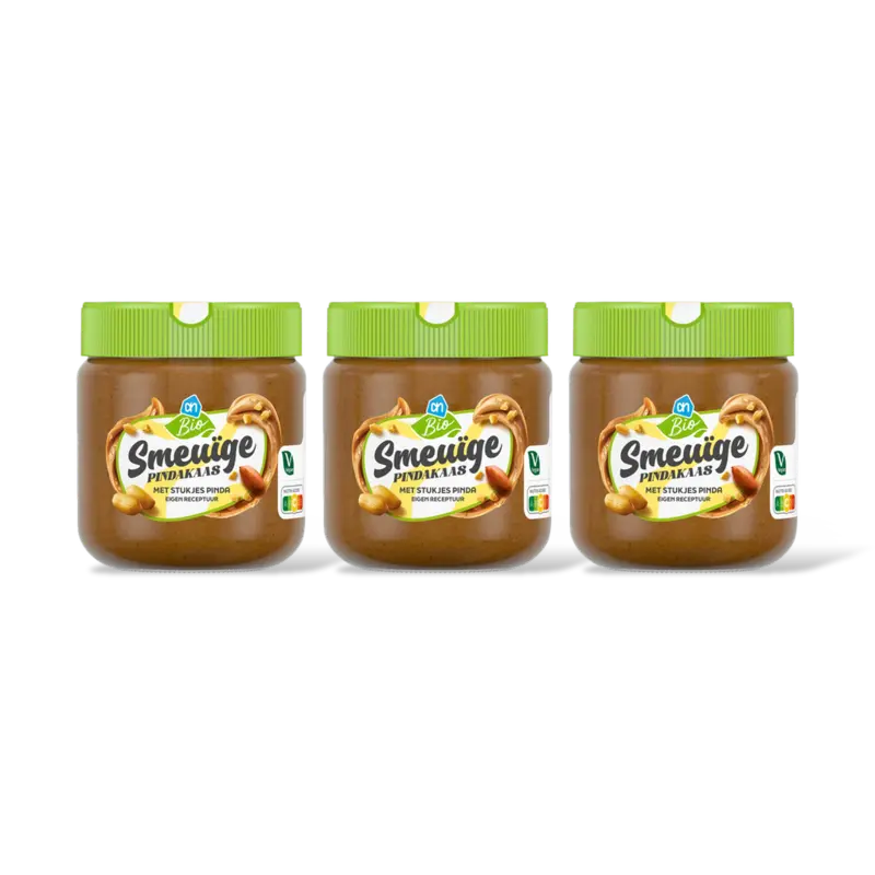 AH Biologisch Smeuige pindakaas met stukjes pinda 3 pk