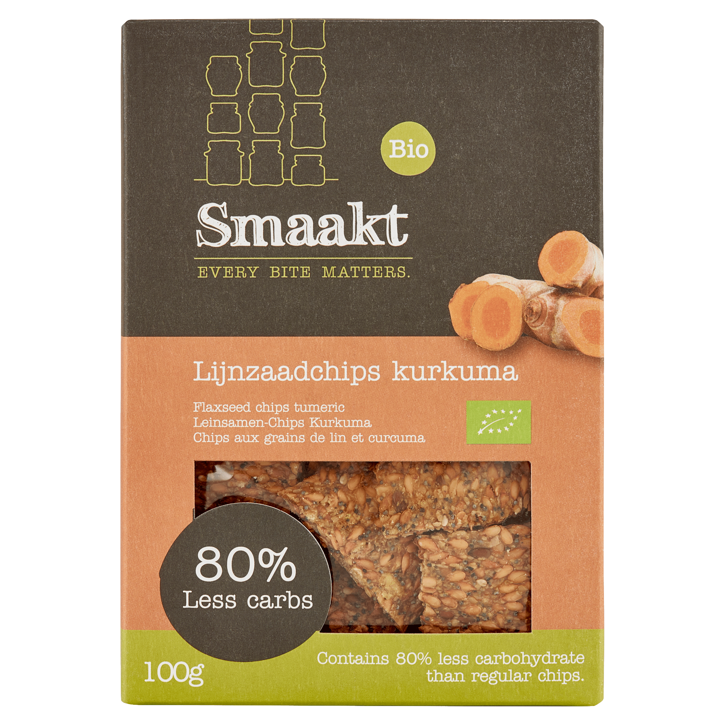 Smaakt Less Carb Lijnzaadchips Kurkuma bio