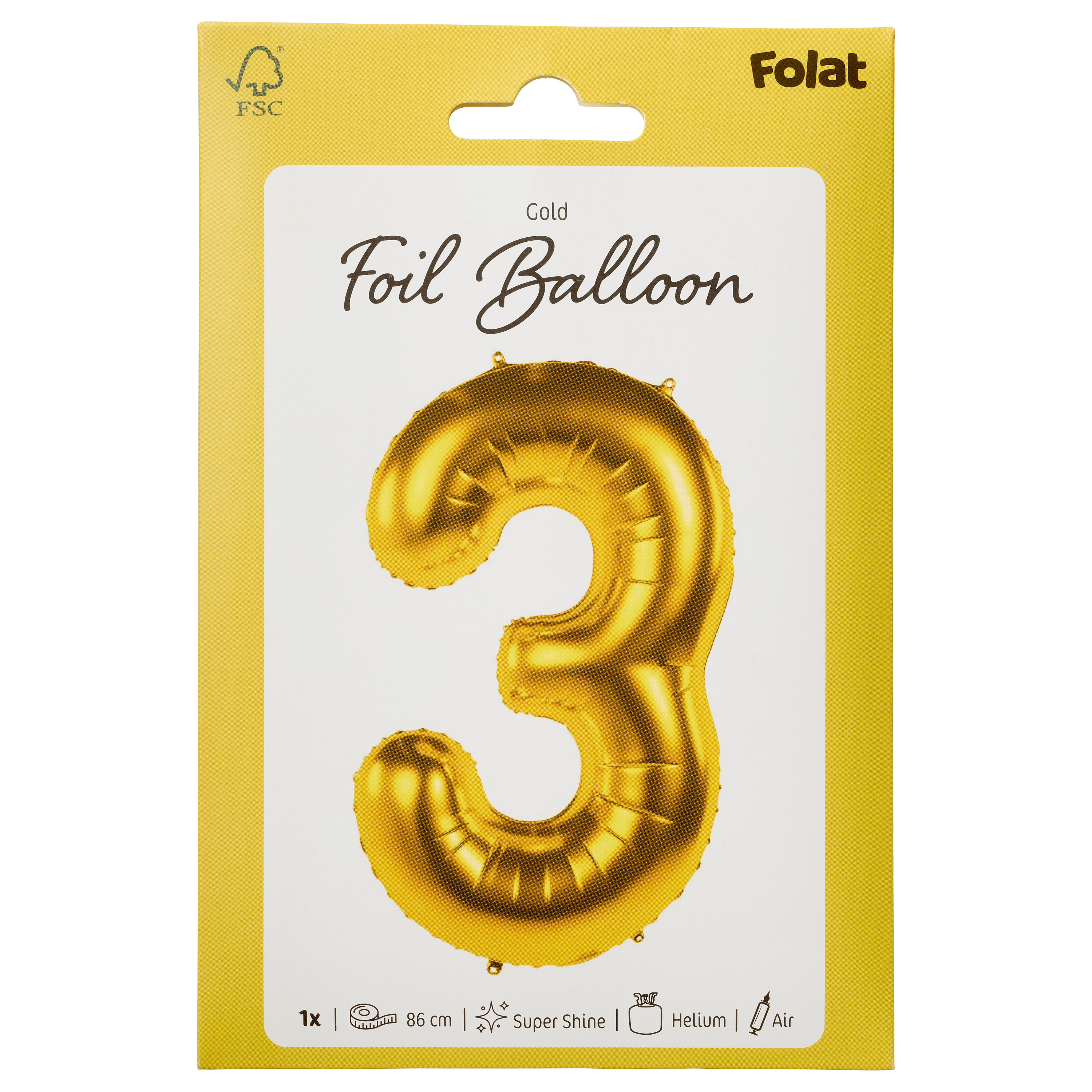 Folat Folieballon Cijfer 3 - Goud - 86 cm