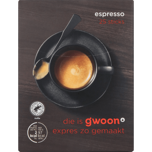G'woon Oploskoffie espresso 25 sticks