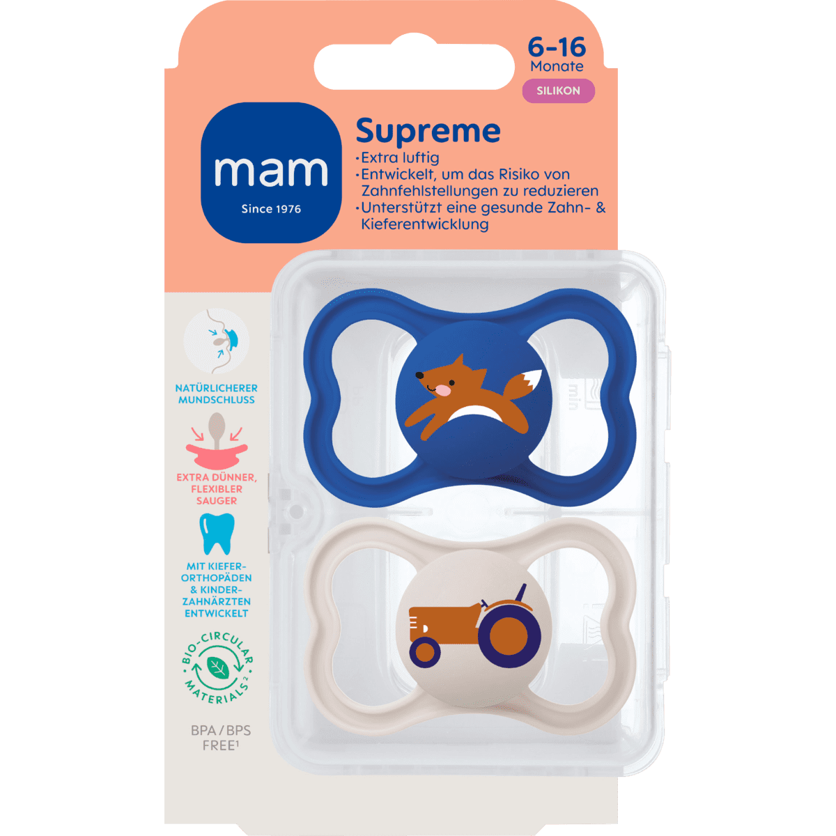 MAM Supreme Fopspenen 6-16 Maanden Blauw 2 stuks